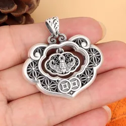 Classic silver 925 Lotus flower Lock Fu character Pendant Retro Ethnic Style necklaces Men's and Women's Banquet Jewelry Gift
