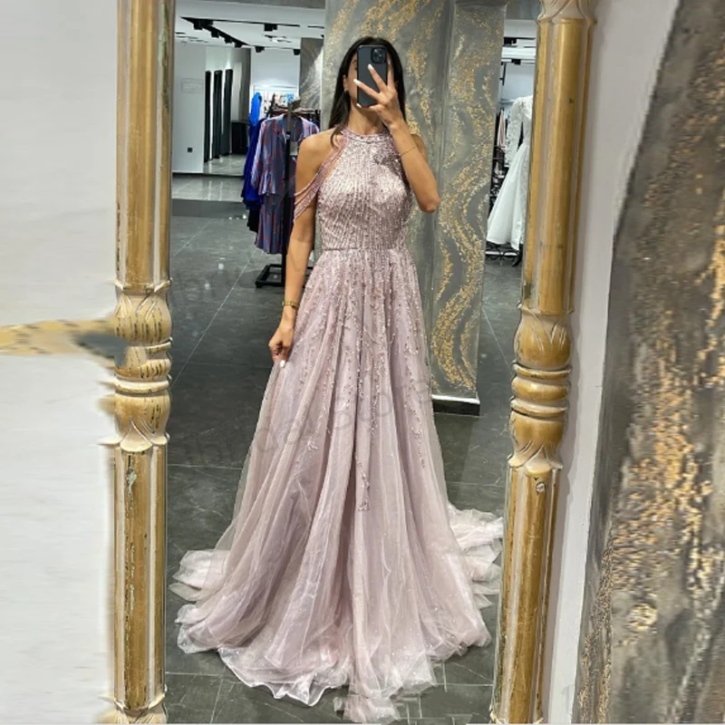 Maßgeschneiderte funkelnde Saudi-Arabien Abendkleider Halt Perlen Partykleid A-Linie Dubai Abendkleid Vestidos de Fiesta