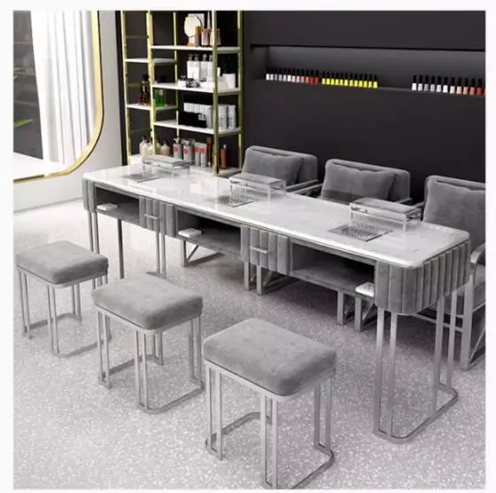 High-end manicure table and chair set with vacuum cleaner single double triple marble manicure table light luxury