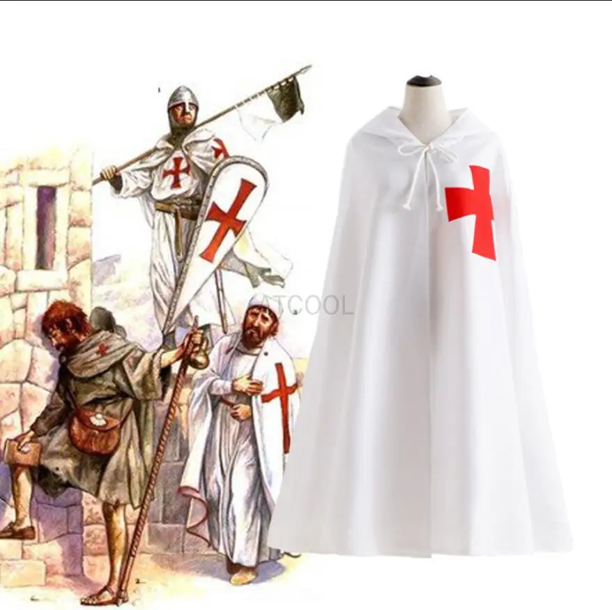 

Men's Medieval Cloak Knights Templars Cosplay Costume Adult Halloween Crusaders White Hoode Cape Robe Cape Gift