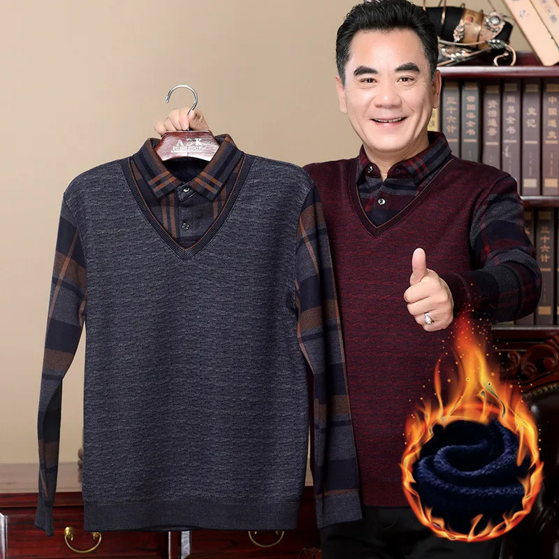 

Thickened Fleece Men's T-shirt Casual Collared Long Sleeve Geometric Print Business Style Dad Clothes Winter Fashion