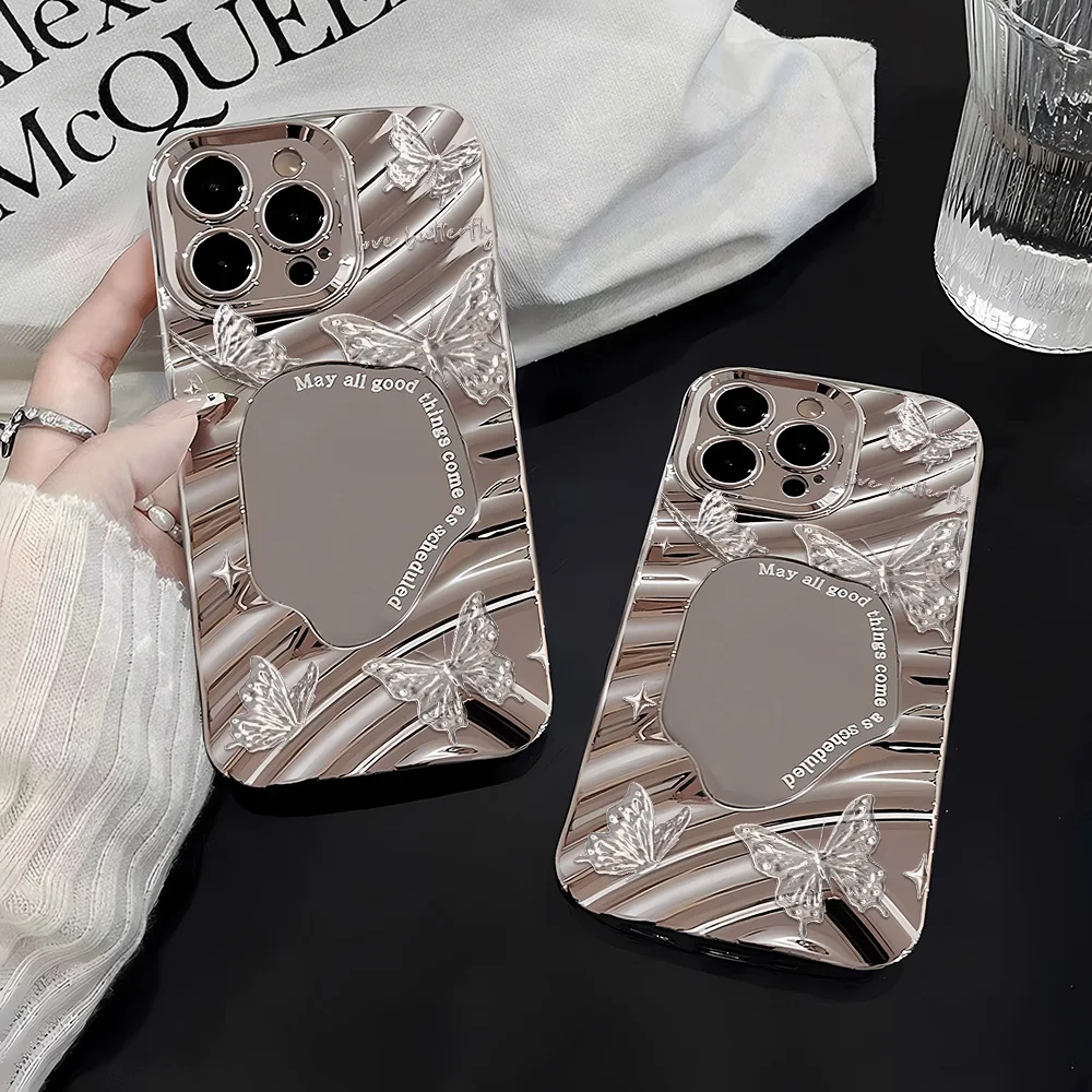Coque de téléphone miroir à motif argenté pour Apple iPhone 17 16 15 14 13 12 11 Pro Max Air – Étuis élégants et délicats style papillon