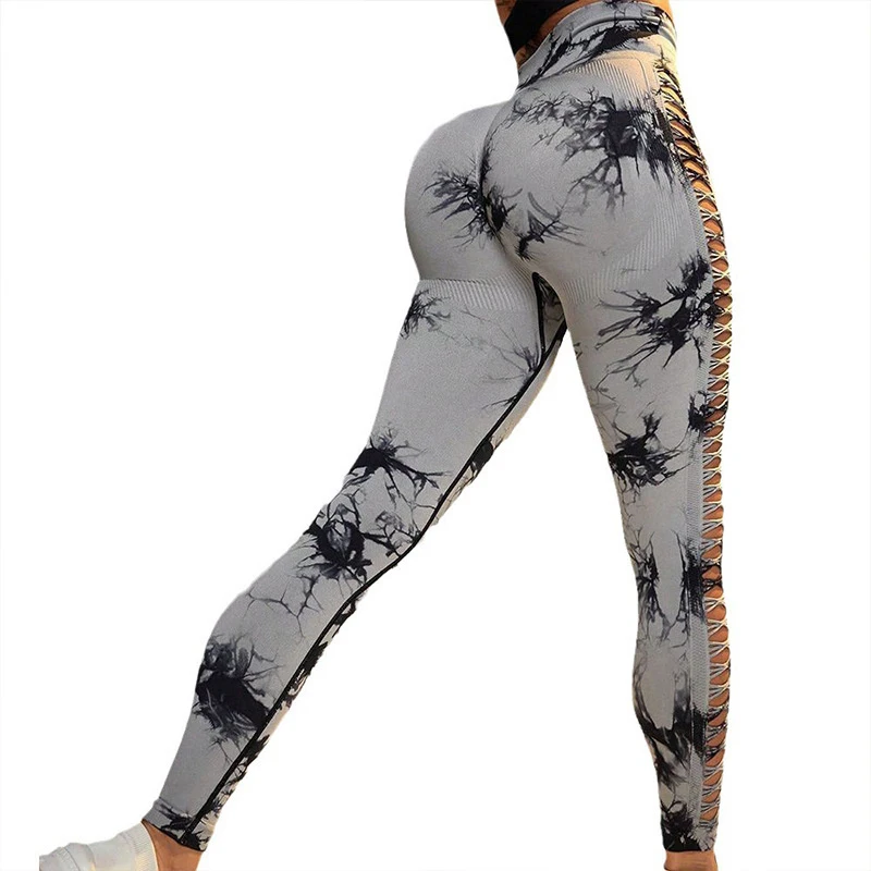 2024 Tie Dye Hollow Out Sexy Gym Leggings Of Women Push Up Seamless Fitness High Waist Sport Pants Women