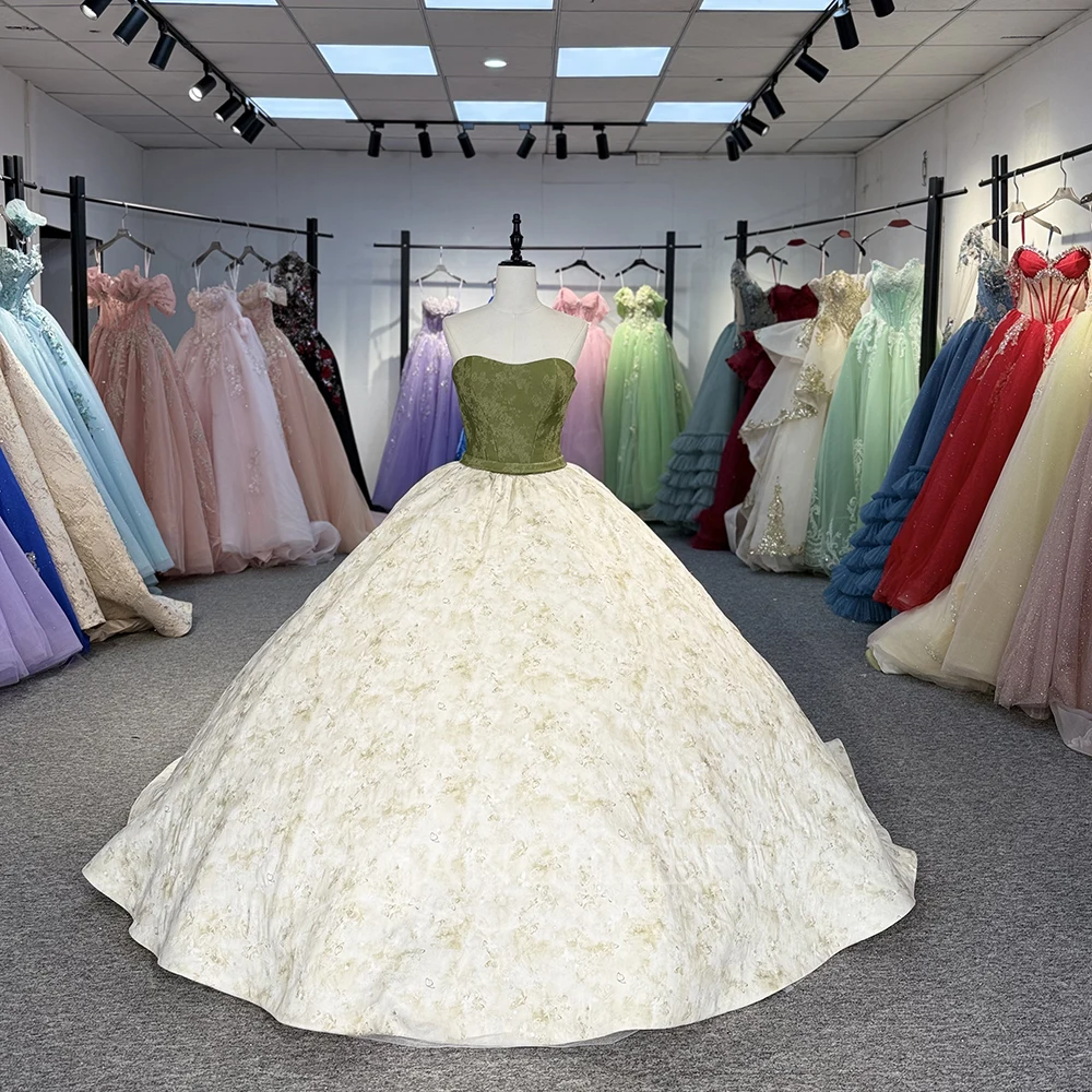 Green Customized Gorgeous Ball Gown Quinceanera Dresses Strapless Flower Beading vestido de 15 quinceañera DY1348