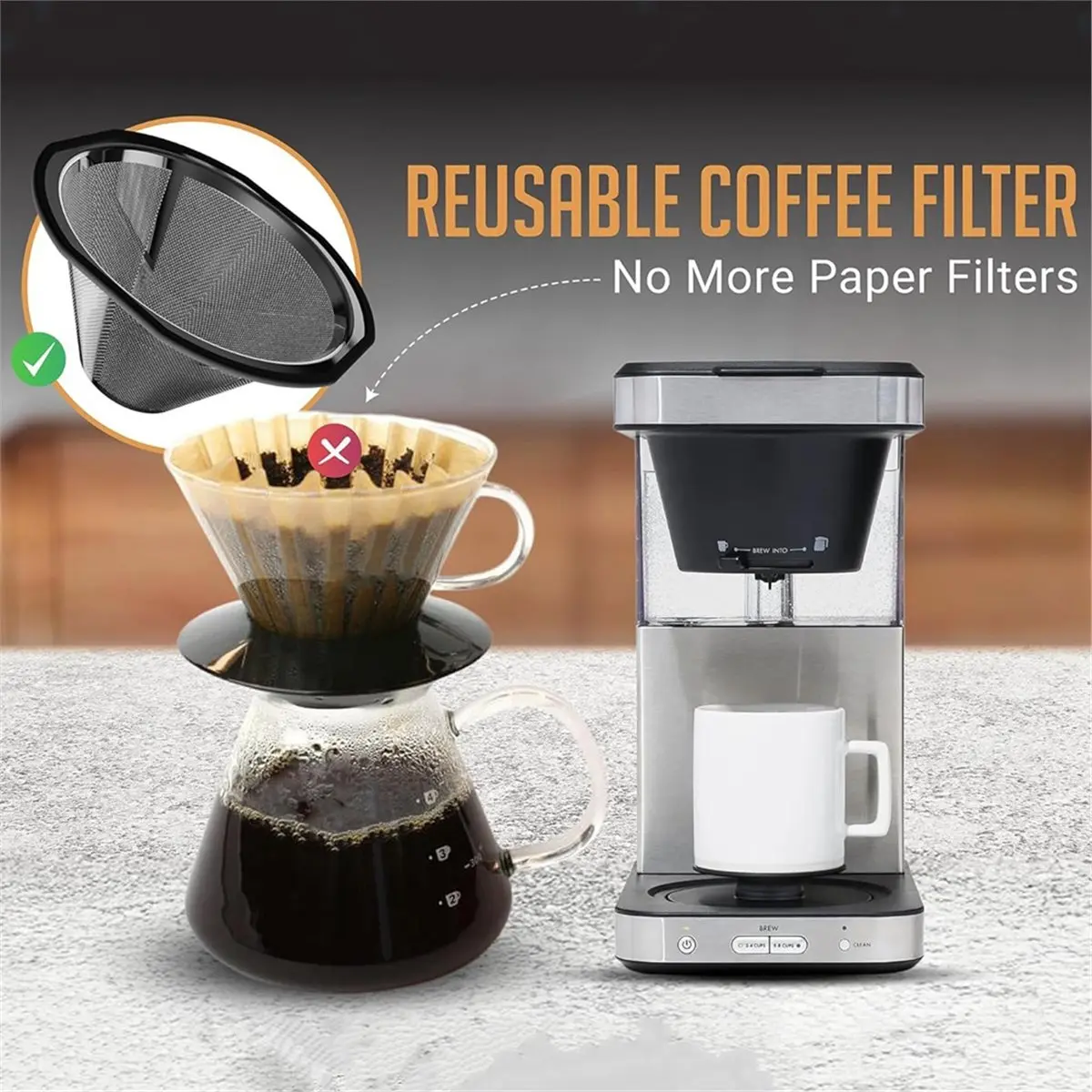 Filtro de Café Reutilizable A97G para Cafeteras de Goteo de 185 ml y Cafeteras Individuales de 8 Tazas