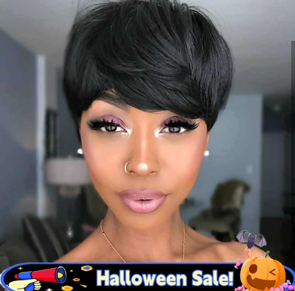 짧은 레이어드 픽시 헤어컷 가발(뱅 포함) 우아한 풀 머신 메이드 가발