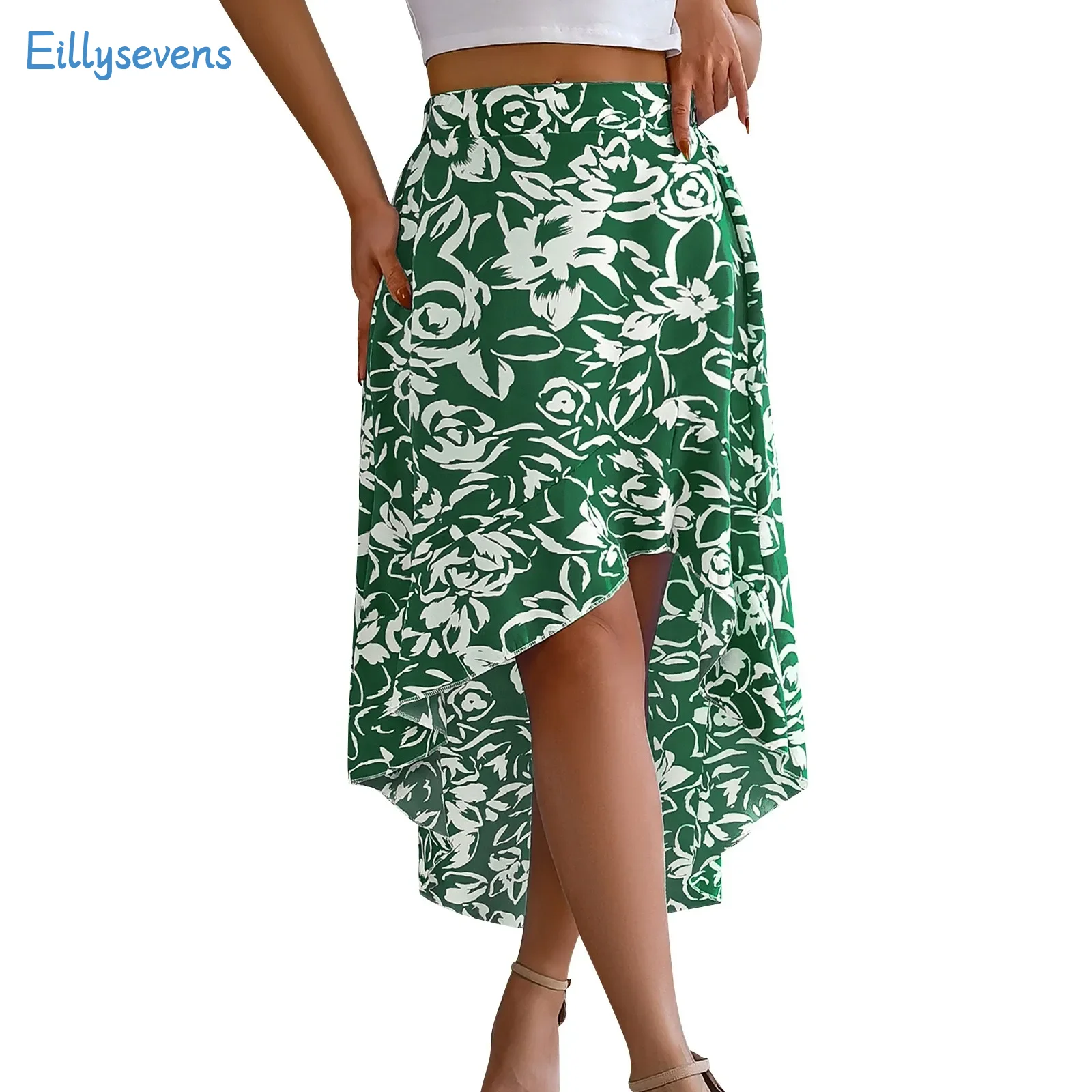 

New Irregular Skirts Fashion Flower Printed Ruffled Mid-Length Women Skirts Daily Commute Date Mid Waist Elegant Matching Skirts