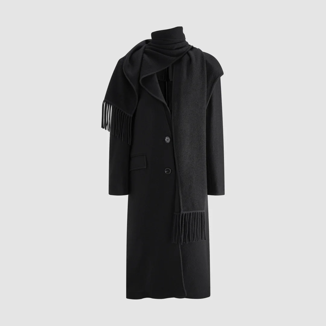 2026 Women's Black Wool Coat with Attached Scarf Long Tailored Jacket with Tassel Fringe Elegant Winter Overcoat