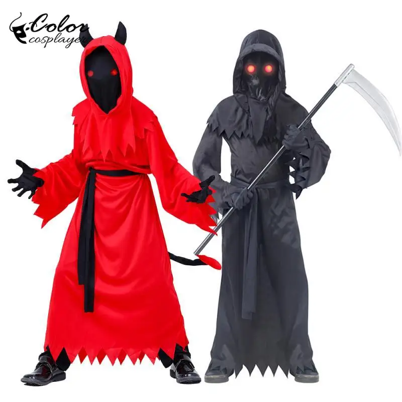 

Child Grim Reaper Cosplay Robes Halloween Costumes Red Demon Outfits Horror Themed Party Dress Up Kid Holiday Disguise Wear