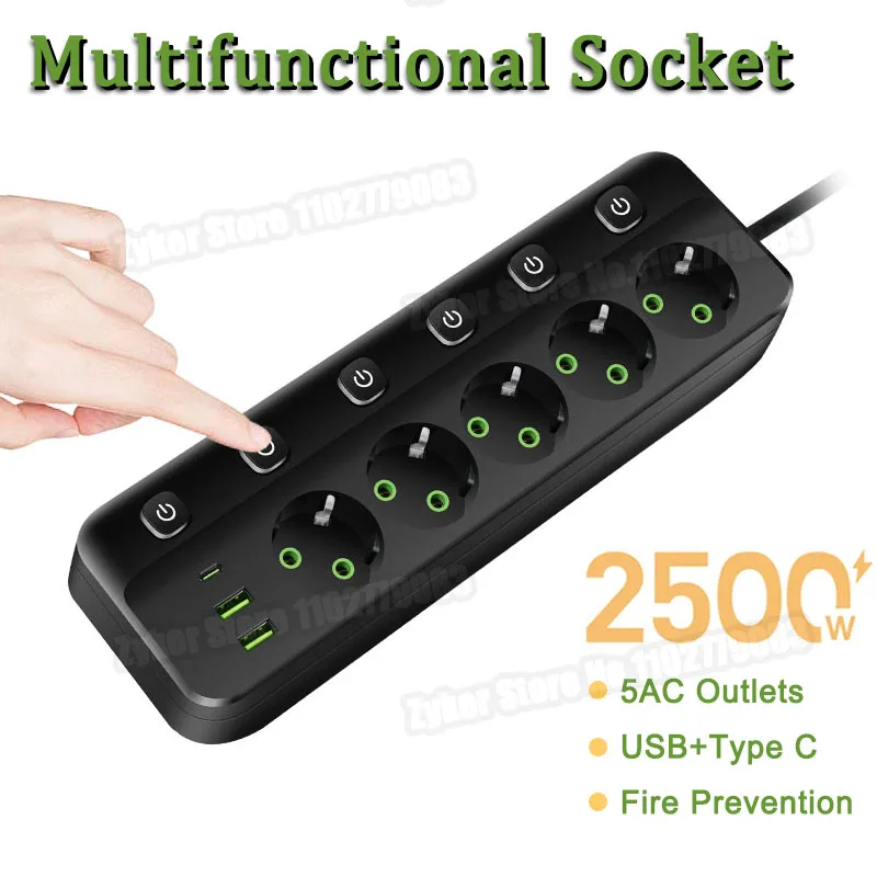 

EU Plug Electrical Socket with 5 AC Outlets + 2 USB Ports + 1 Type C, 8-in-1 Plug Socket Adapter 2M Power Strip for Home Office