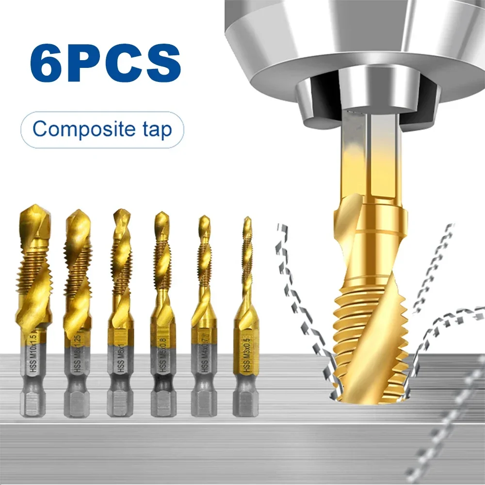 

6pc high speed steel M3-M10 titanium plated composite tap hexagonal drill and tap integrated tap machine with hole chamfer tool