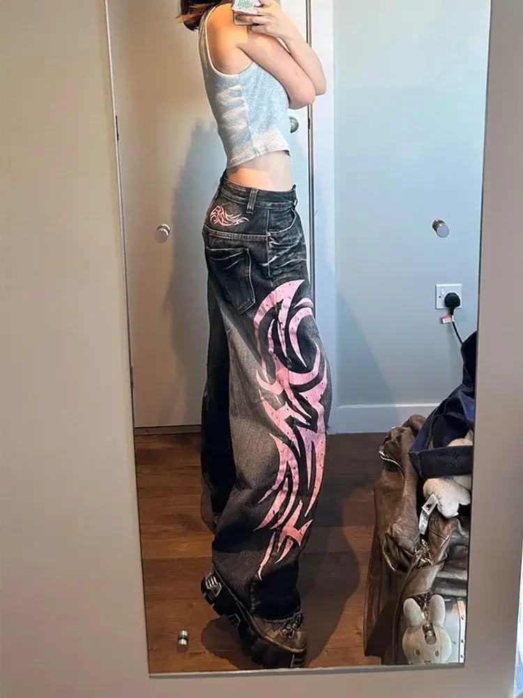 Pantalones vaqueros con estampado de hojas de colores Otoño Harajuku 2025 American Plus temporada contrastante e pantalones nuevos de invierno pantalones vaqueros góticos para mujer