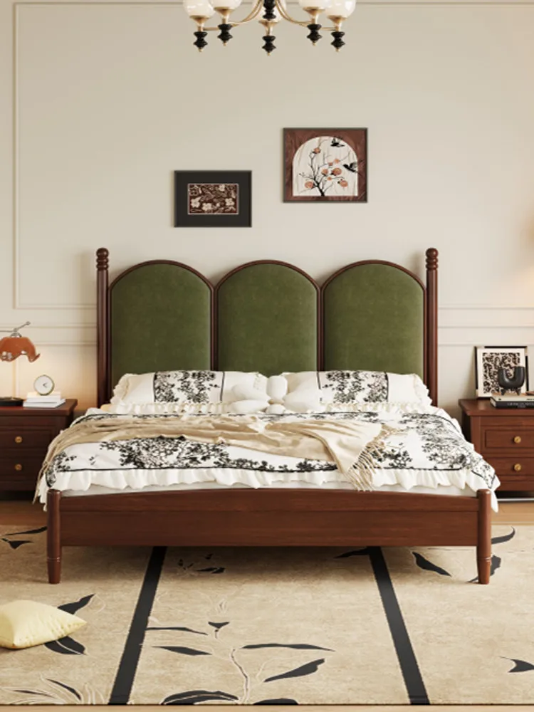 French solid wood bed, retro medieval soft bag bed