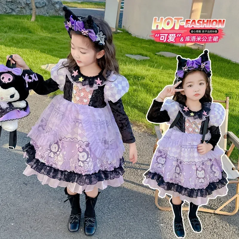 Cute Kuromi Princess Dress Sanrio Anime Autumn Children Cotton Dress Skirt Cgirl Heart Cartoon Long Sleeve Dress Tide Kid Gift