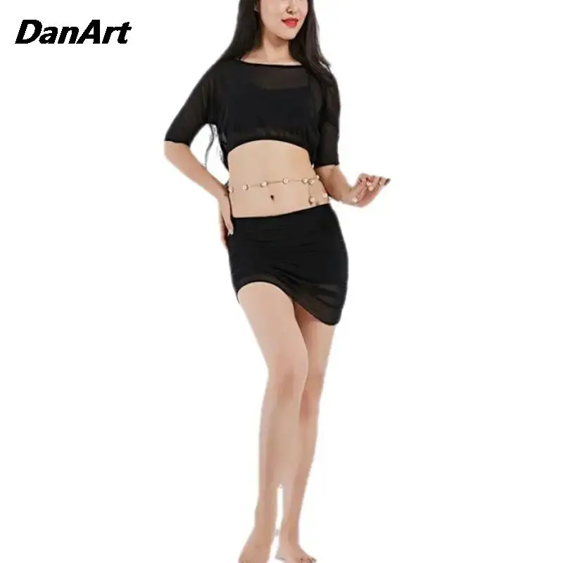 

Women Adults Belly Dance Training Suit Elegant 2Pcs Mesh Half Sleeves Top and Short Skirt Costumes Girls Dancer Performance Suit