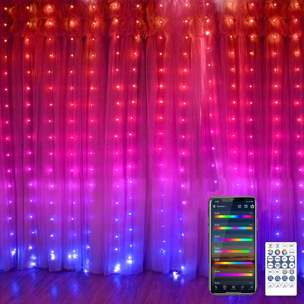 Fairy Curtain LED Light DC5V RGBIC WS2812B Smart Curtain String Light Bluetooth APP Control Christmas Fairy Light 3m200LEDs