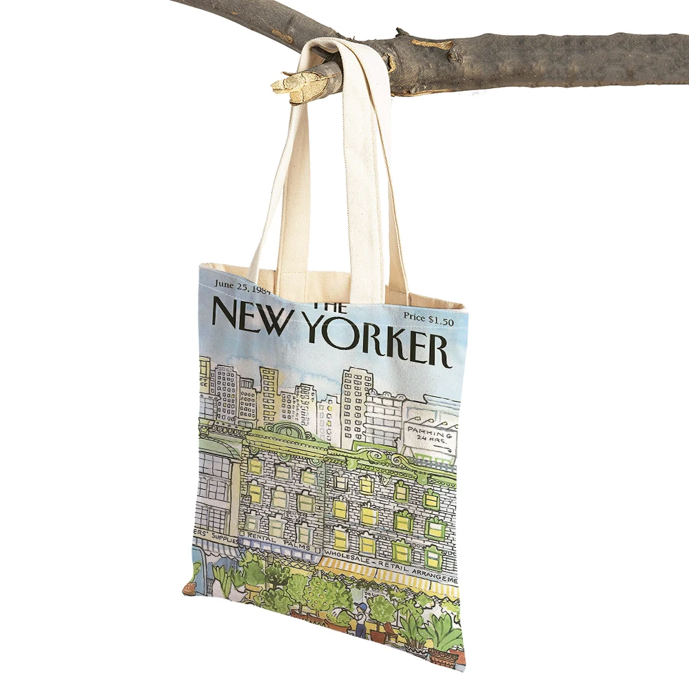 The New Yorker City Magazine Women Shopping Bags Double Print Casual Shopper Bag Lady Linen Tote Eco Leaf Flower Handbag