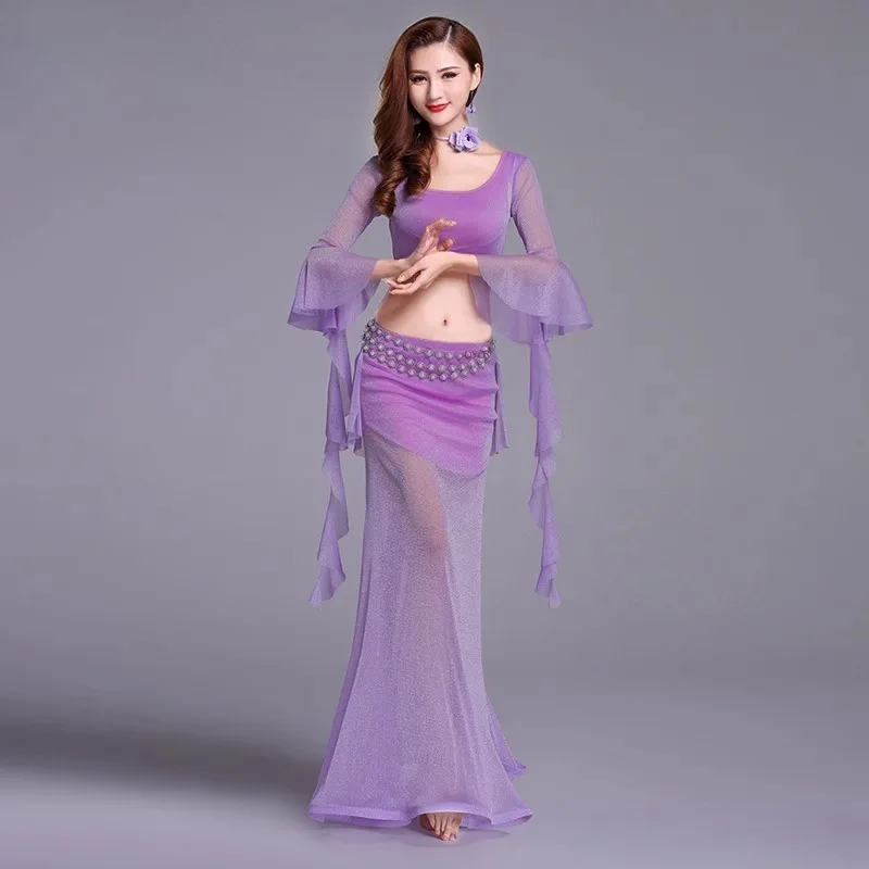 

Customized Belly Dance Costumes Practice Dress Fairy Female Adult Sexy Long Dress Classical Ethnic Dance Top Skirt Waist Chain