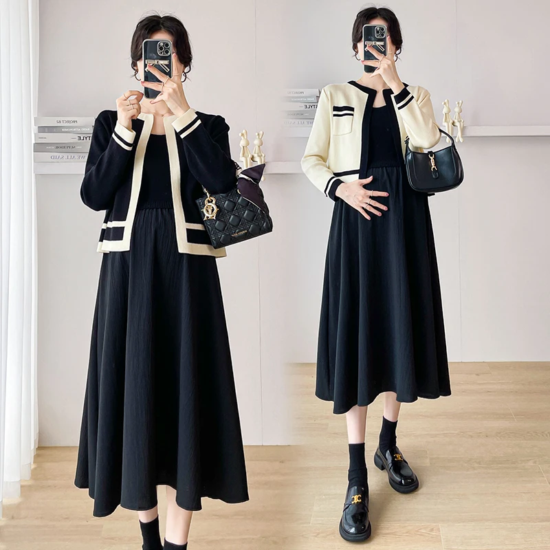 

Korean Style Winter Maternity Clothes Set Long Sleeve Knit Cardigans+strap Dress Twinset Fashion Pregnant Woman Dress Suits 2pcs