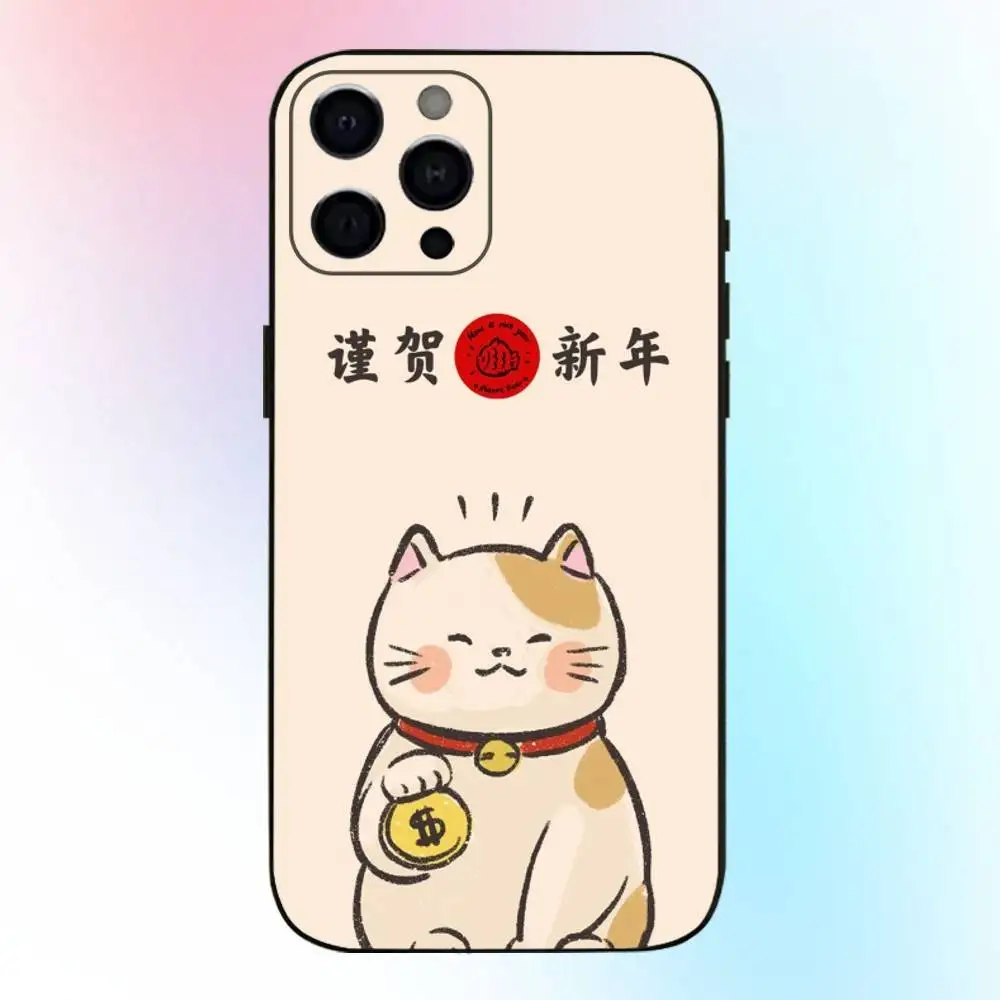 حافظة هاتف كارتونية لاكي كات لطيفة لهاتف آيفون 17،16،15،14،13،12،11 بلس، برو ماكس غطاء أسود ناعم #6