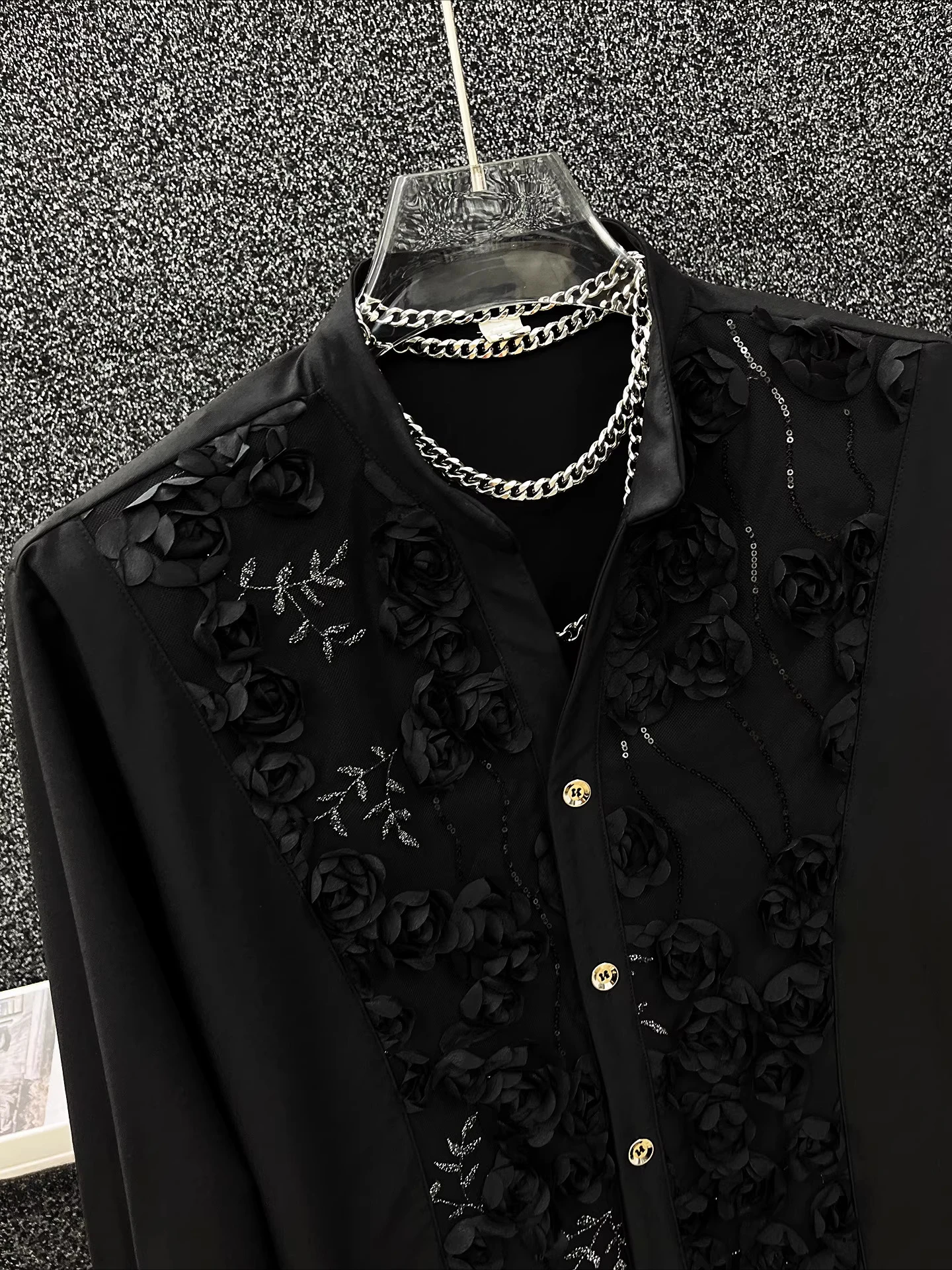 Men's 2025 Autumn New Handsome Loose New Chinese Tops Niche Design Embroidered Sequined Shoulder Padded Shirts Trendy Rose Shirt