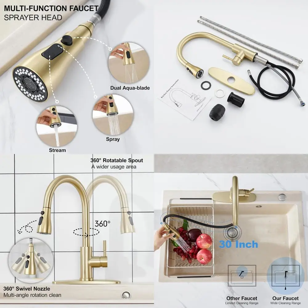 

Modern High-Arc Stainless Steel Kitchen Faucet with Pull-Down Spray, 3 Modes, Brushed Gold Finish