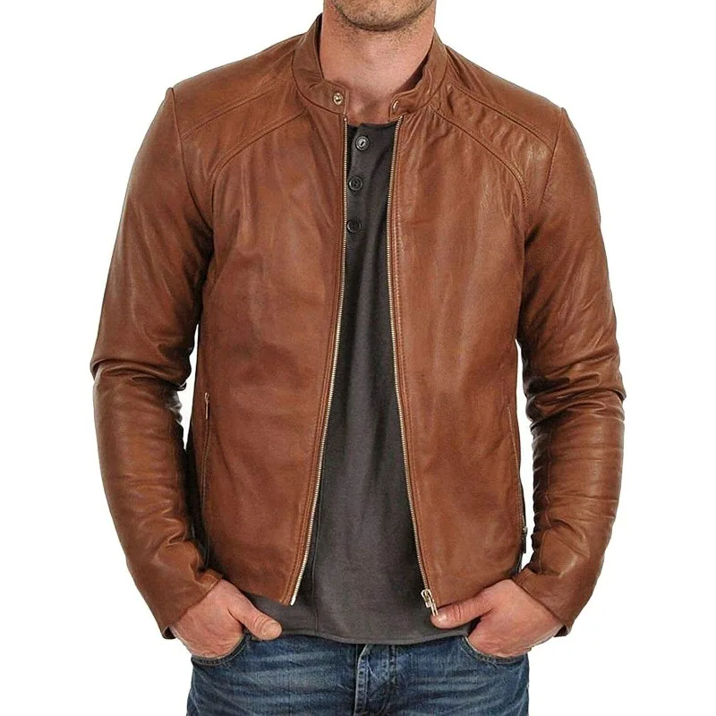 

Casual Men's 100% Dark Tan Genuine NAPA Leather Jacket Western Cafe Racer Zipper