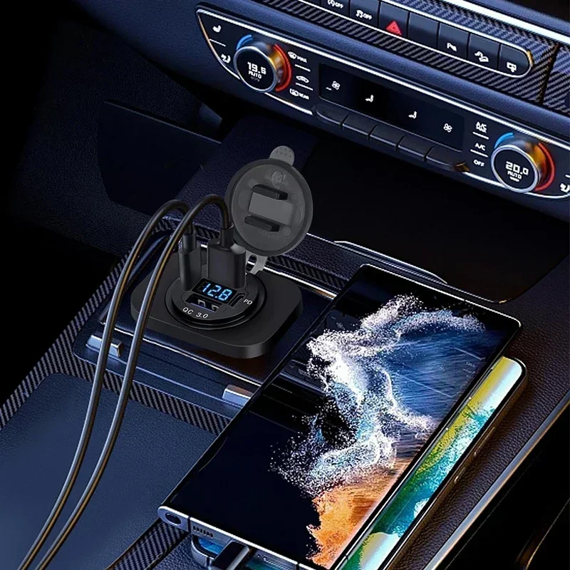 NOVO Carregador Veicular USB 117W com Dual PD e Dual QC 3.0, Adaptador de Tomada com Voltímetro à Prova d'Água para Carros e Barcos 12V/24V - Super Vendas
