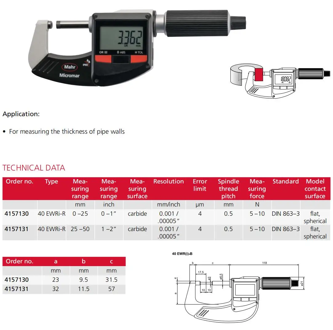 2025 Mahr Micromar 40EWRi-R/40EWR-R spherical face for measuring the thickness of pipe walls digital micrometer