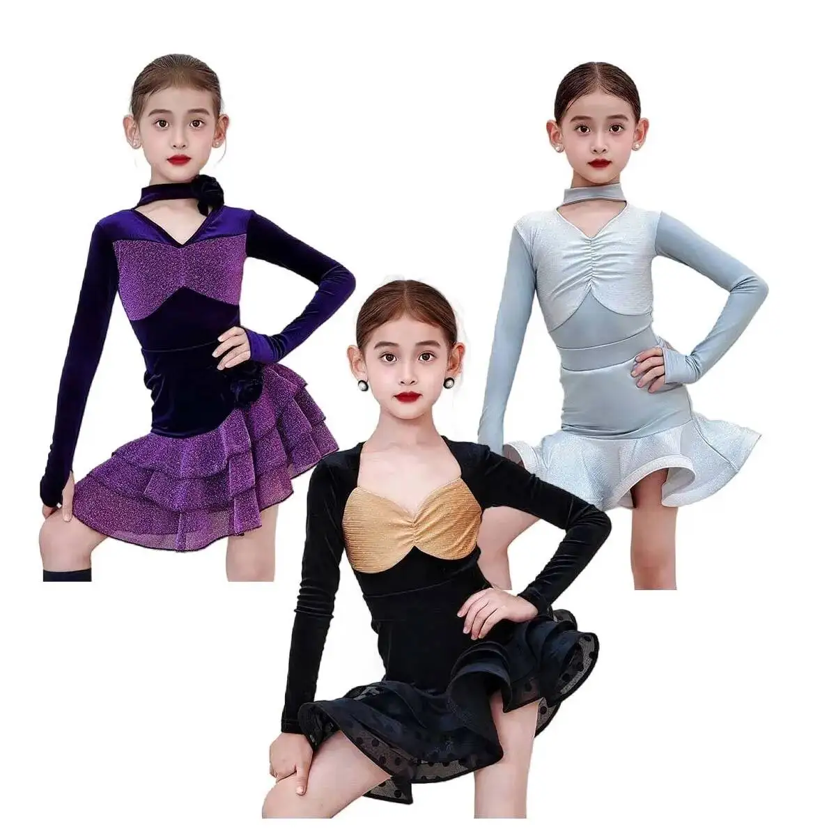 

ballroom latin american dance dress polka dot skirt training girls rumba cha cha samba tango costume competition practice kids