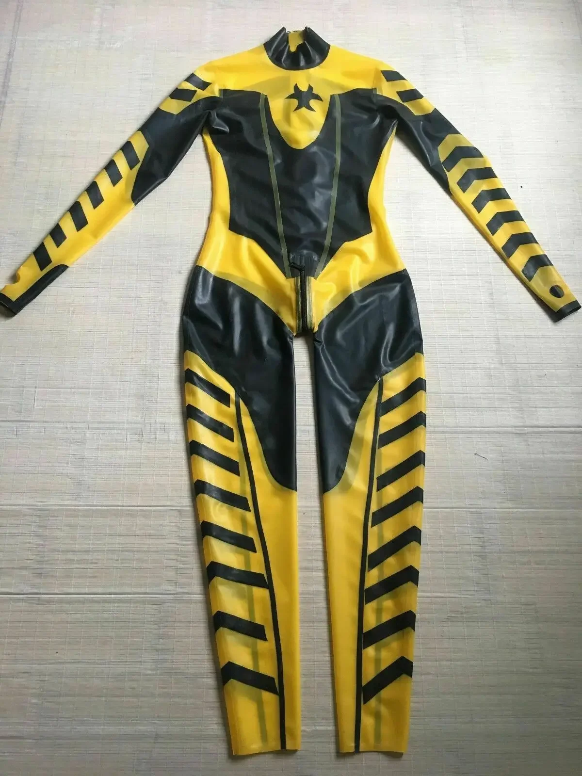

Latex 100% Rubber Catsuit Suit Wet Look Black Yellow suit Unisex Size S-XXL