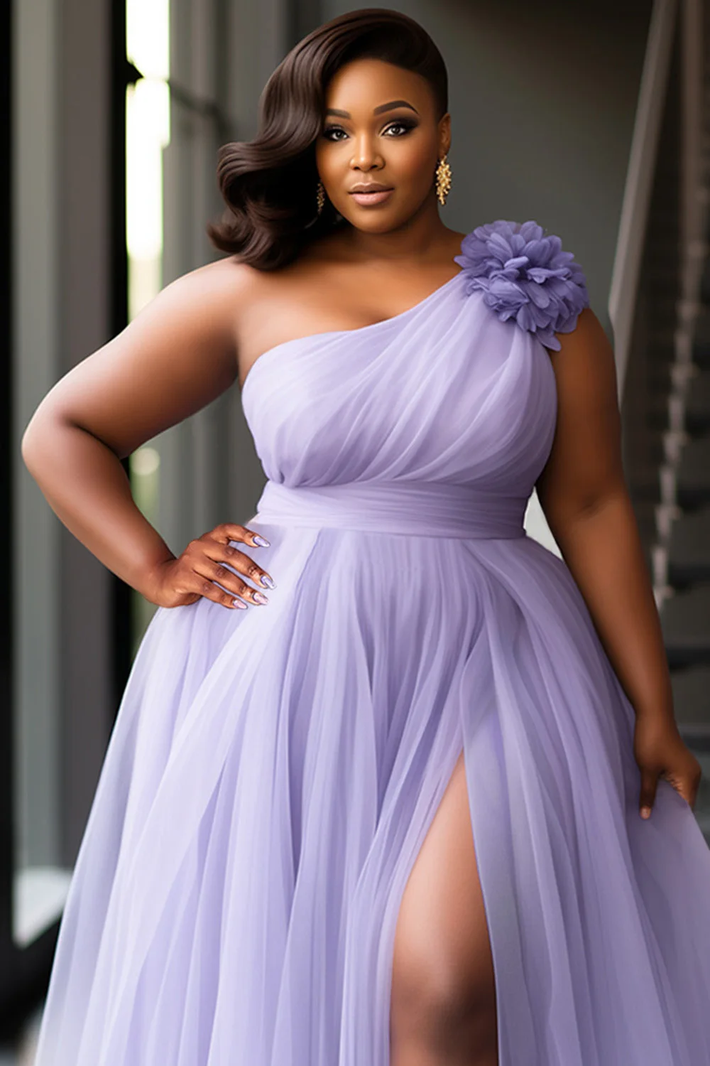 بالإضافة إلى حجم حفلة موسيقية الأرجواني أنيقة الياقة المائلة 3D سبليت تول فساتين ماكسي #3