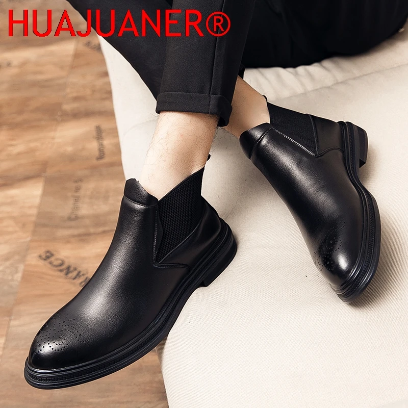 الرجعية تشيلسي أحذية للرجال عالية الجودة جلدية أحذية عمل رسمية النمط البريطاني الذكور حذاء من الجلد الأعمال البروغ أحذية بوت قصيرة