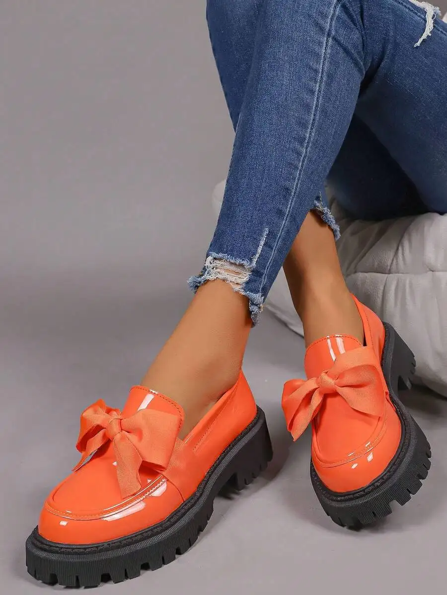 

Orange Patent Leather Loafers With Bow Detail Thick Sole Slip-On Flats For Women