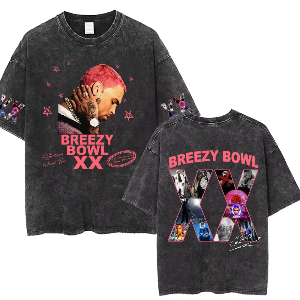 

Rapper Chris Brown Breezy Bowl XX Tour 2025 Washed T-shirts Men Women Hip Hop Fashion T Shirts Casual Cotton Vintage Tee Shirt