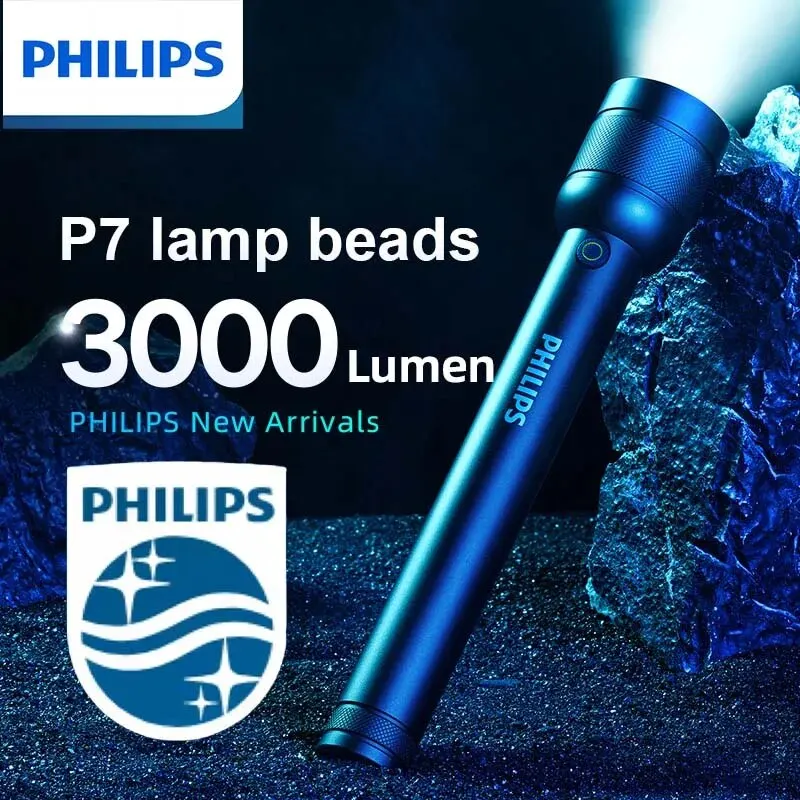 Philips Bright Flashlight 3000 Lumen Rechargeable Flashlights with 6000mAh Battery IP55 Waterproof Camping Light for Outdoors