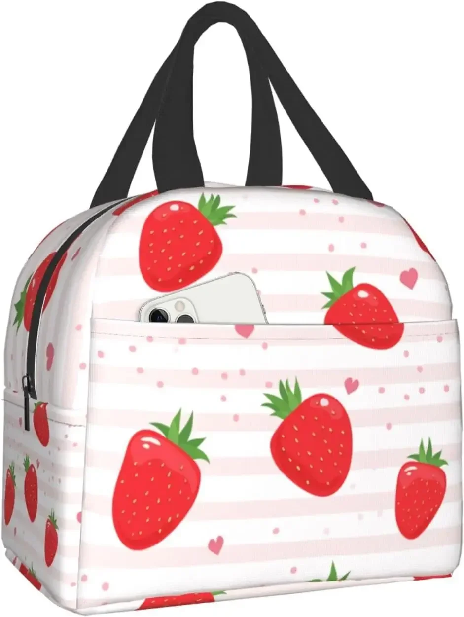 

Cute Strawberry With Heart Lun Bag Reusable Lun Box Work Bento Cooler Reusable Tote Picnic Boxes Insulated Container Shoppin