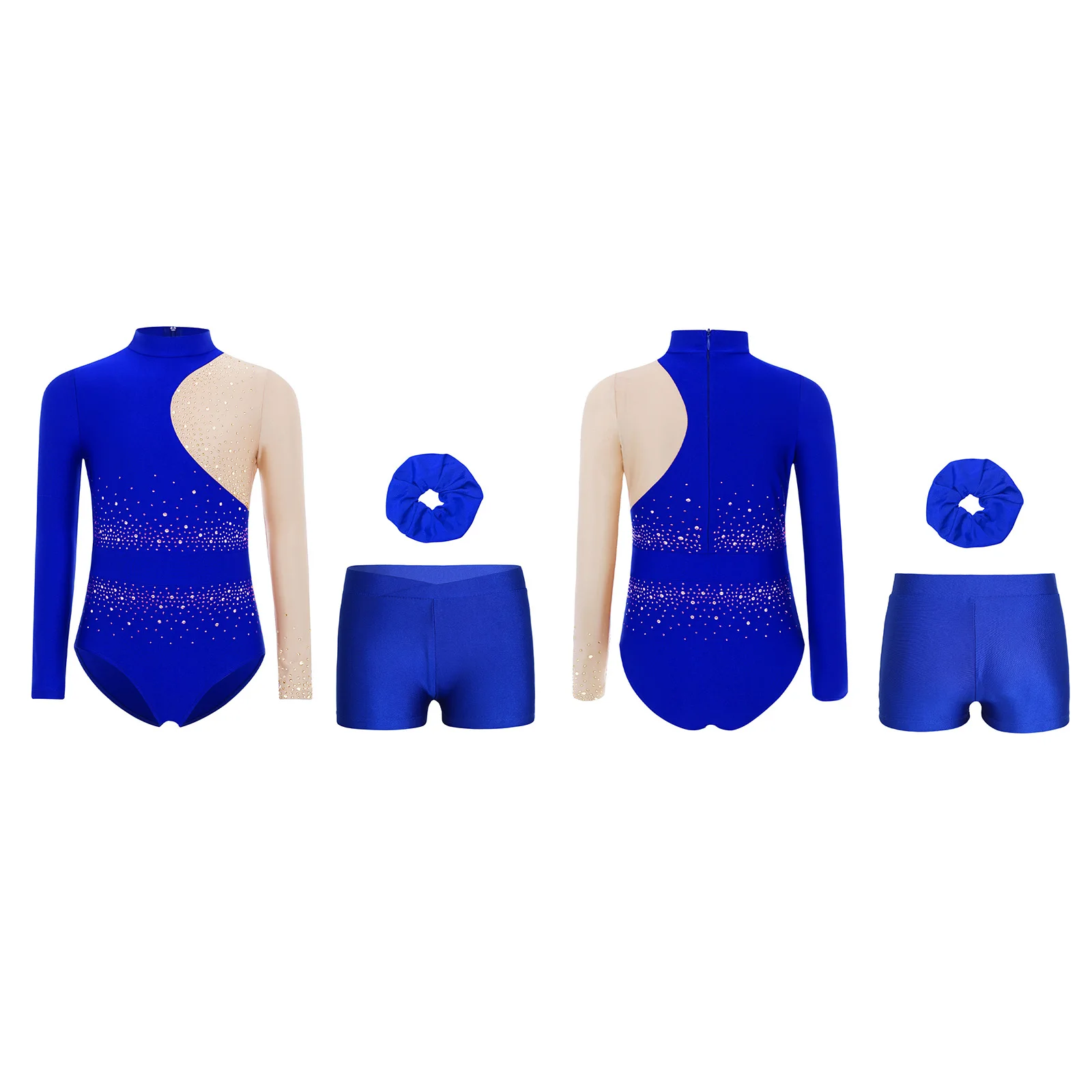 Kids Girls 3-Piece Ballet Yoga Dance Costume Suit Mock Neck Long Sleeves Gymnastics Leotard with Waistband Shorts And Hair Band