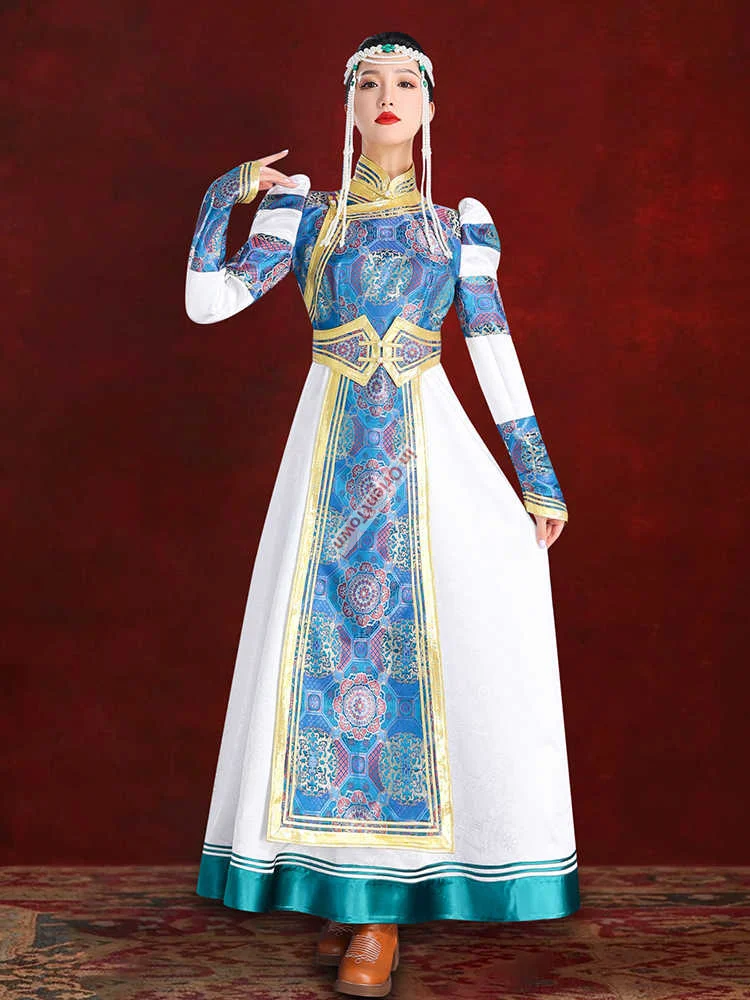 آداب منغولية رداء الزفاف فستان أبيض منغوليا الداخلية الاتجاه العرقي الأقلية زي أداء الرقص التصوير الزي
