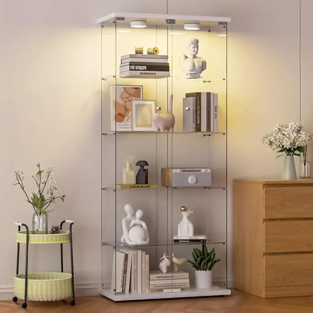 Glass Display Cabinet 5-Shelf with Door, Locking, 12-Color LED Push Lights with Remote Control,for Bedroom, Living Room, White