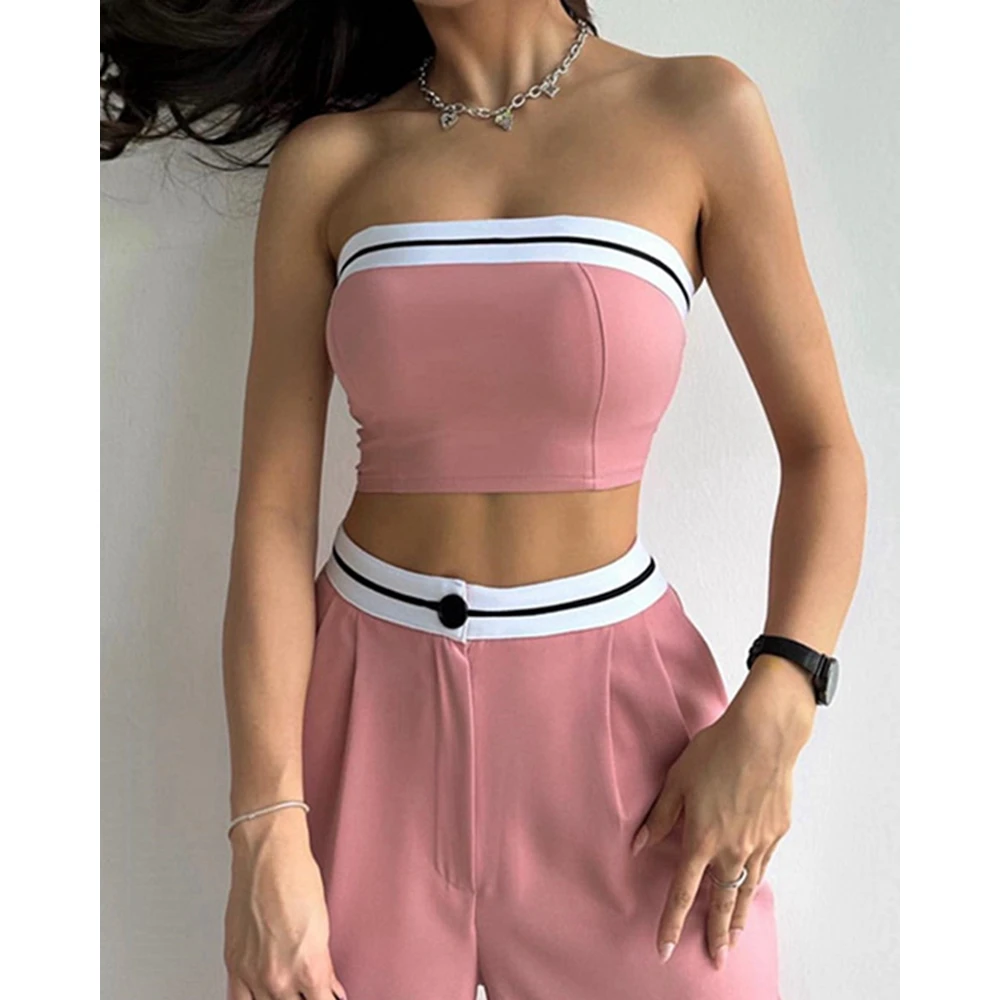 Summer Ladies Pant Suit Women Striped Strapless Crop Top & High Waist Wide Leg Pants Set Ensembles Femme Pink 2 Pieces Set Suits