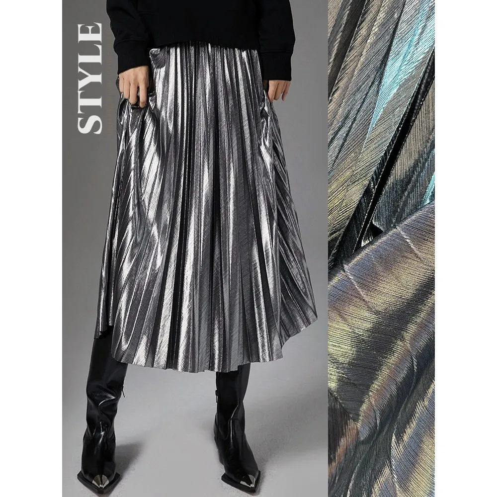 

Metallic Sheen Half Skirt Women's Midi A-Line Pleated Gown Drapey Stage Costume Autumn Winter New Style Chinese Ethnic Fashion