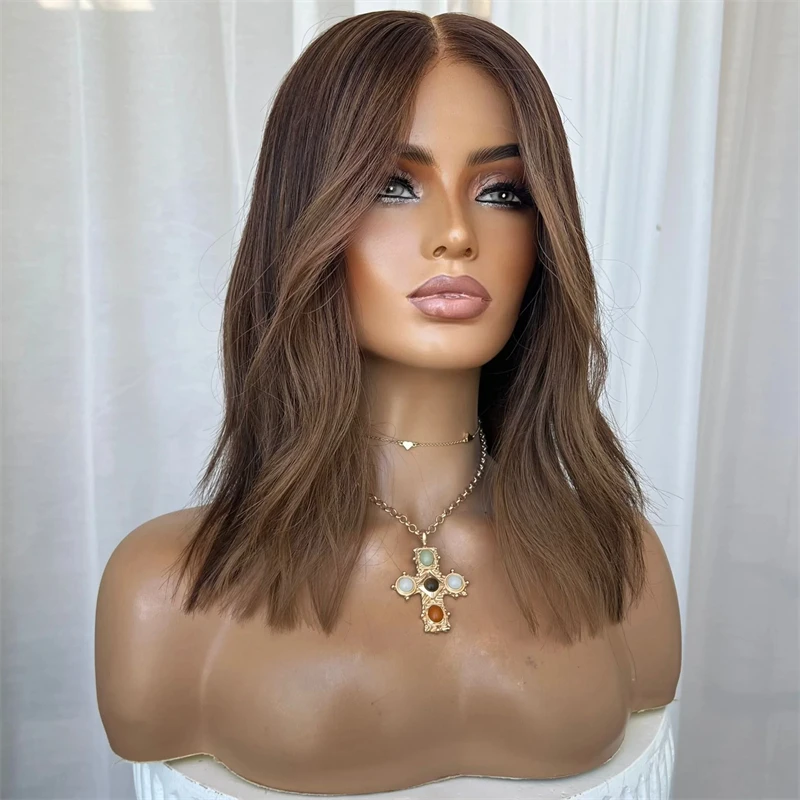 12 Inch Short Wave Bob Synthetic Premium Fibre Wig Ombre Soft Dark Brown HD Invisible Lace Front Wig Heat Resistant Fiber Wig