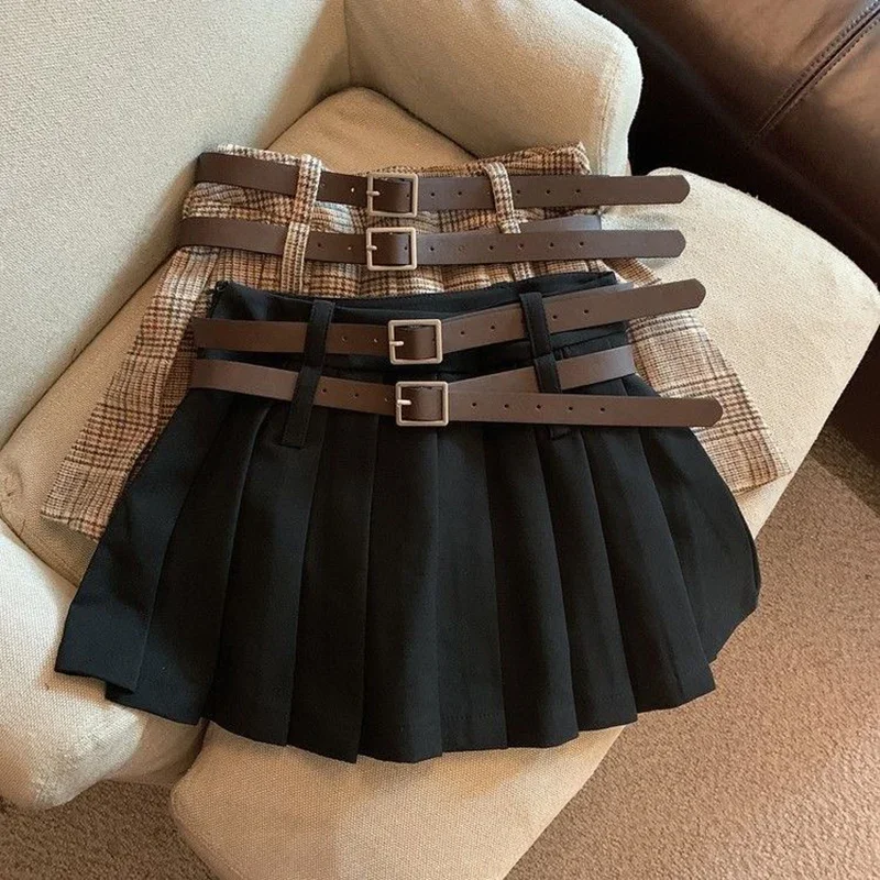 Spring Autumn Girls Pleated Skirt Baby Kids Skort Children Fashion Bottoms Check Plaid Solid Waist Belt 3-14 kids girls clothes