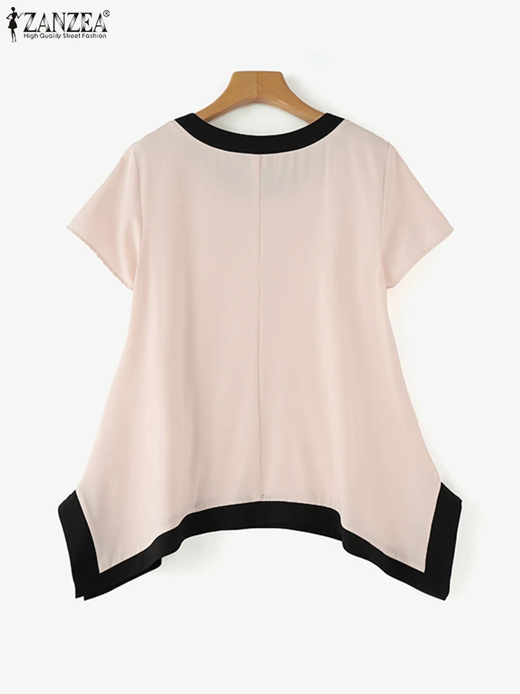 ZANZEA-camisas de cuello redondo para mujer, blusa elegante de manga corta con abertura, túnicas de trabajo irregulares, 2024