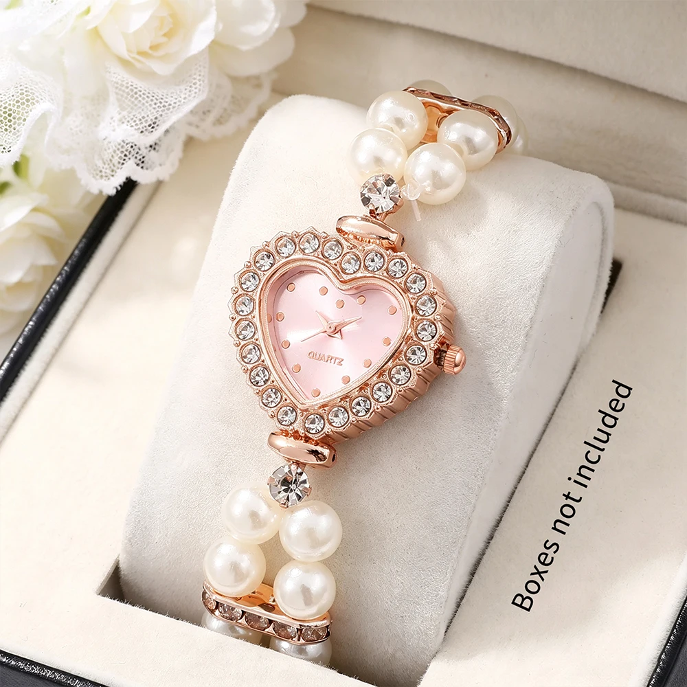 1pc ladies' elegant heart-shaped dial double row elastic imitation pearl quartz watch, suitable for daily wear and holiday gifts