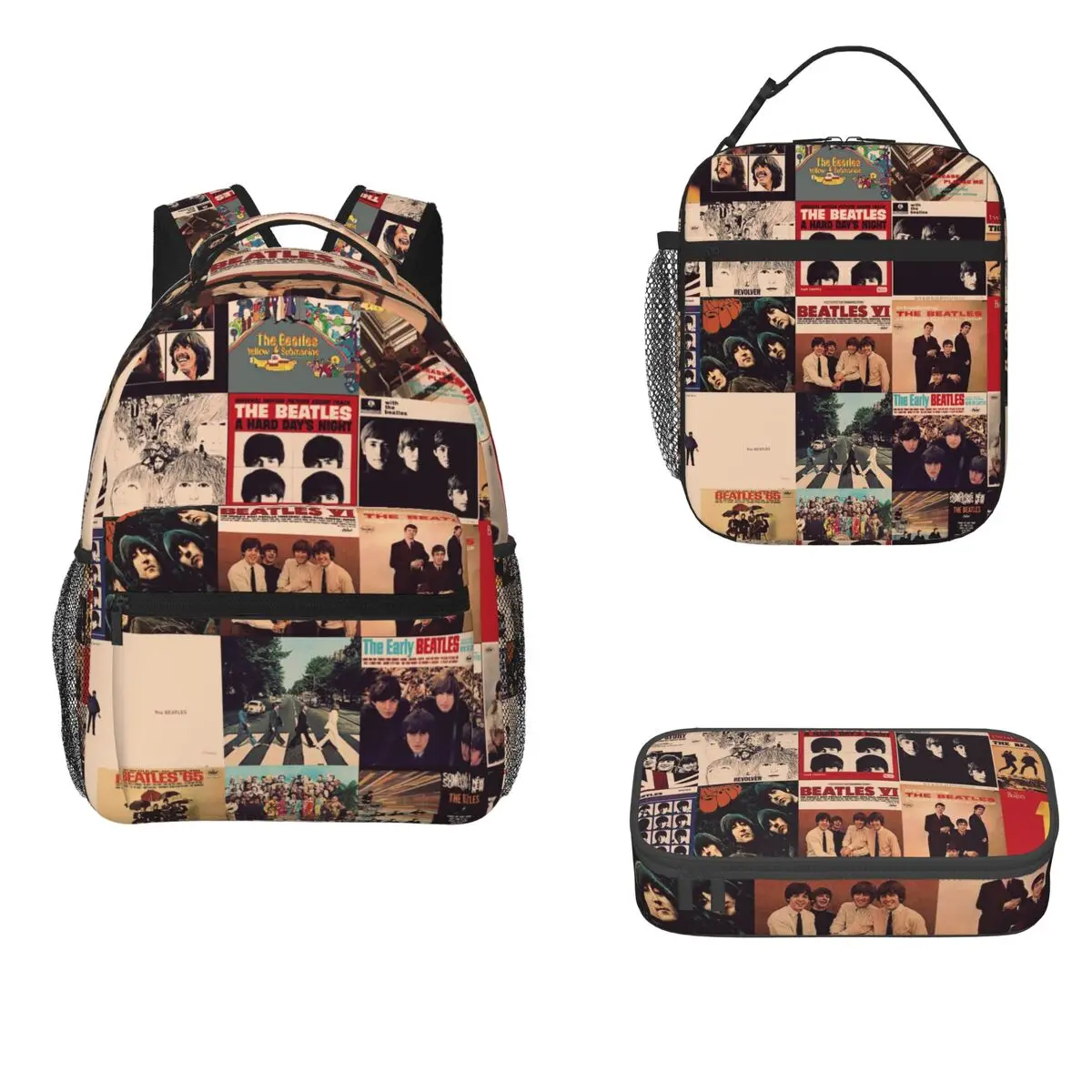 Harajuku The Beatle Memebers Art Backpacks Boys Girls Bookbag Students Bags Cartoon Rucksack Lunch Bag Pen Bag Three-Piece Set