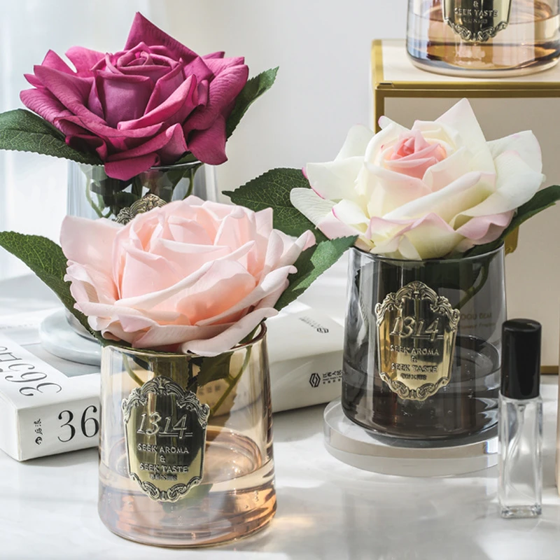 Artificial Rose Flower and Glass Vase, Fake Silk Flower Glass Bottle Set with Fragrance Oil, Birthday and Anniversary Gift