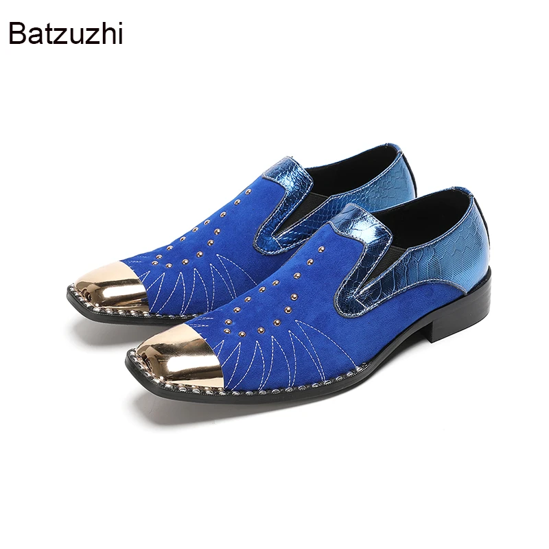 Batzuzhi حذاء رجالي جلدي أزرق معدني بمقدمة مربعة سهل الارتداء من الجلد الرسمي للأعمال والحفلات والزفاف للرجال