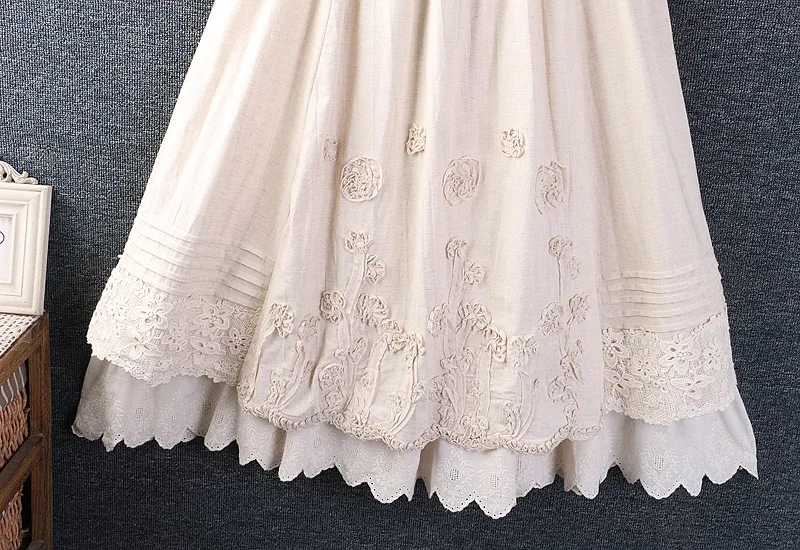 Spring Sweet Mori Girl Japan Style Solid Embroidered Skirt Women Harajuku Elastic Waist Casual Double Layer Cotton Linen Skirts